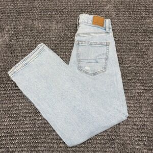 American Eagle Womens Stovepipe Jeans 000 Short Light Wash Distressed Wide Leg